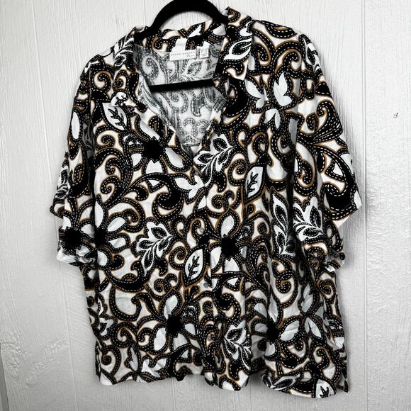 Susan Graver PURE Printed Linen Blend Elbow Sleeve Camp Shirt Black Tan Size 1X - Picture 8 of 9